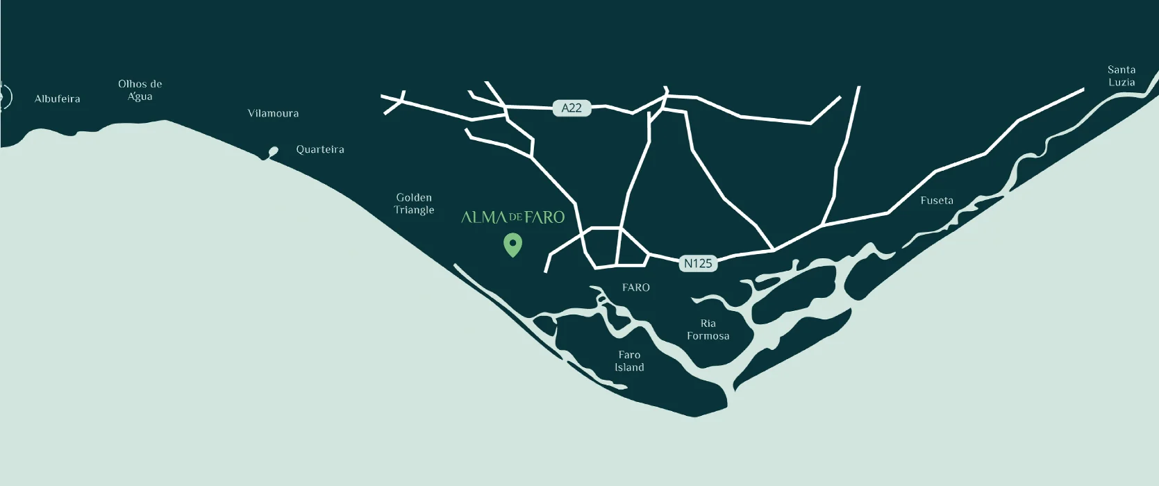 Mapa da costa algarvia com o Alma de Faro entre o Triângulo Dourado e Faro, junto à Ria Formosa, à Ilha de Faro, à A22 e à N125