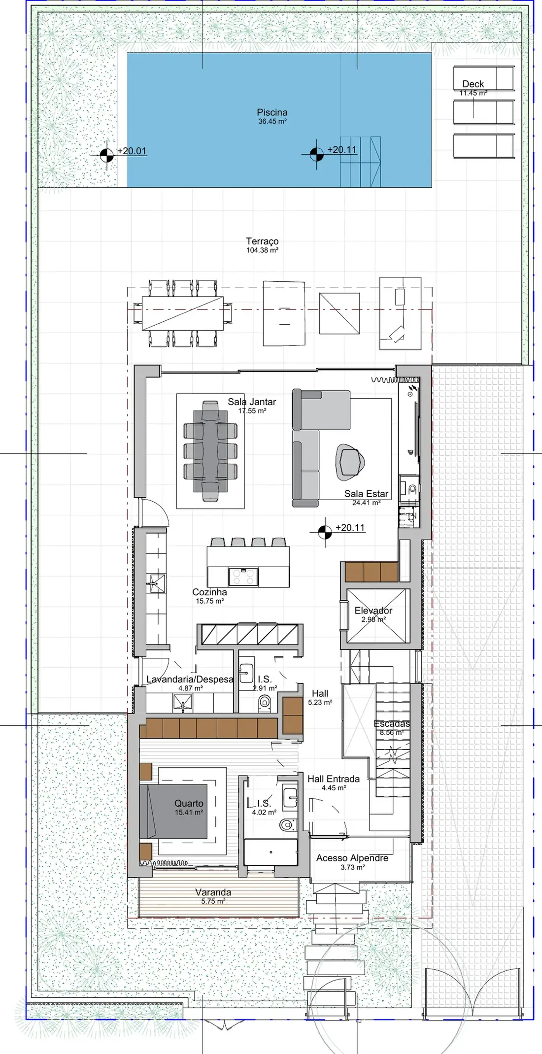 Planta do piso 0 da Caetano Soul Villa: sala de estar e jantar, cozinha, quarto, terraço e piscina aquecida