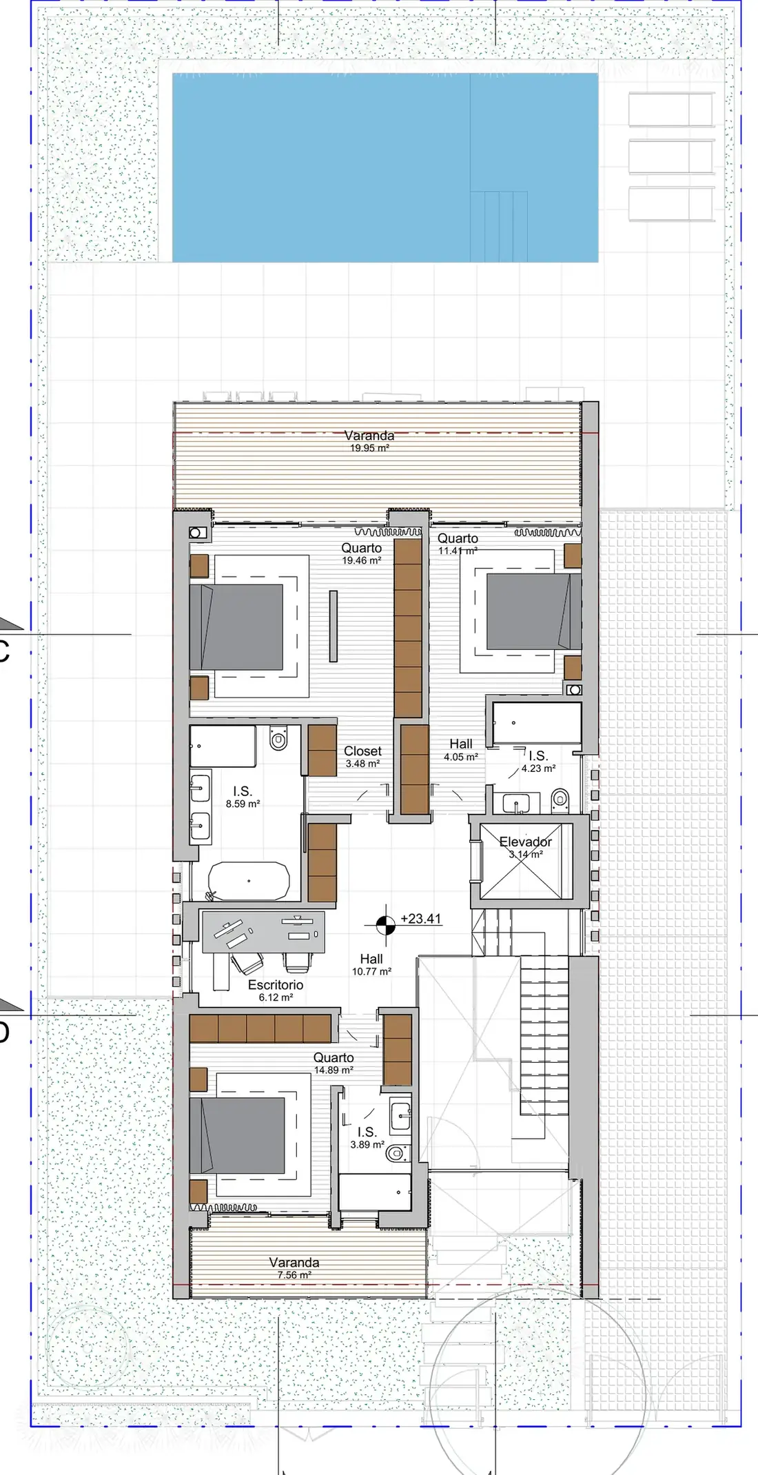 Planta do piso 1 da Caetano Soul Villa: suíte principal com closet, dois quartos, escritório e varandas