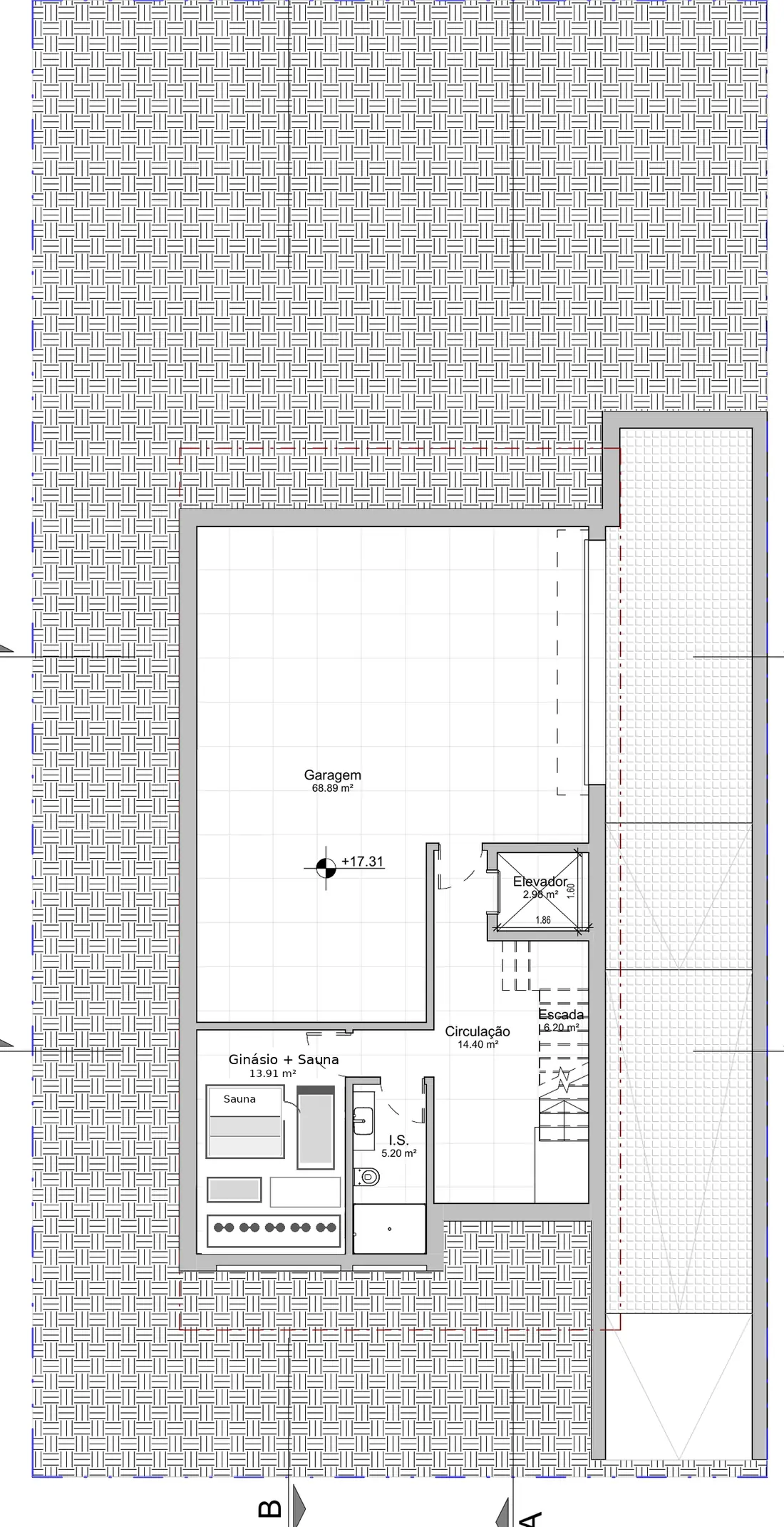 Planta do piso -1 da Caetano Soul Villa: garagem para quatro carros, sala de ginásio e sauna, casa de banho, elevador e escadas